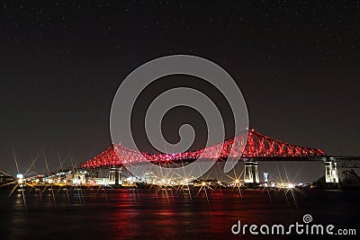 Jacques Cartier Bridge Illumination in Montreal. Montrealâ€™s 375th anniversary. luminous colorful interactive Stock Photo